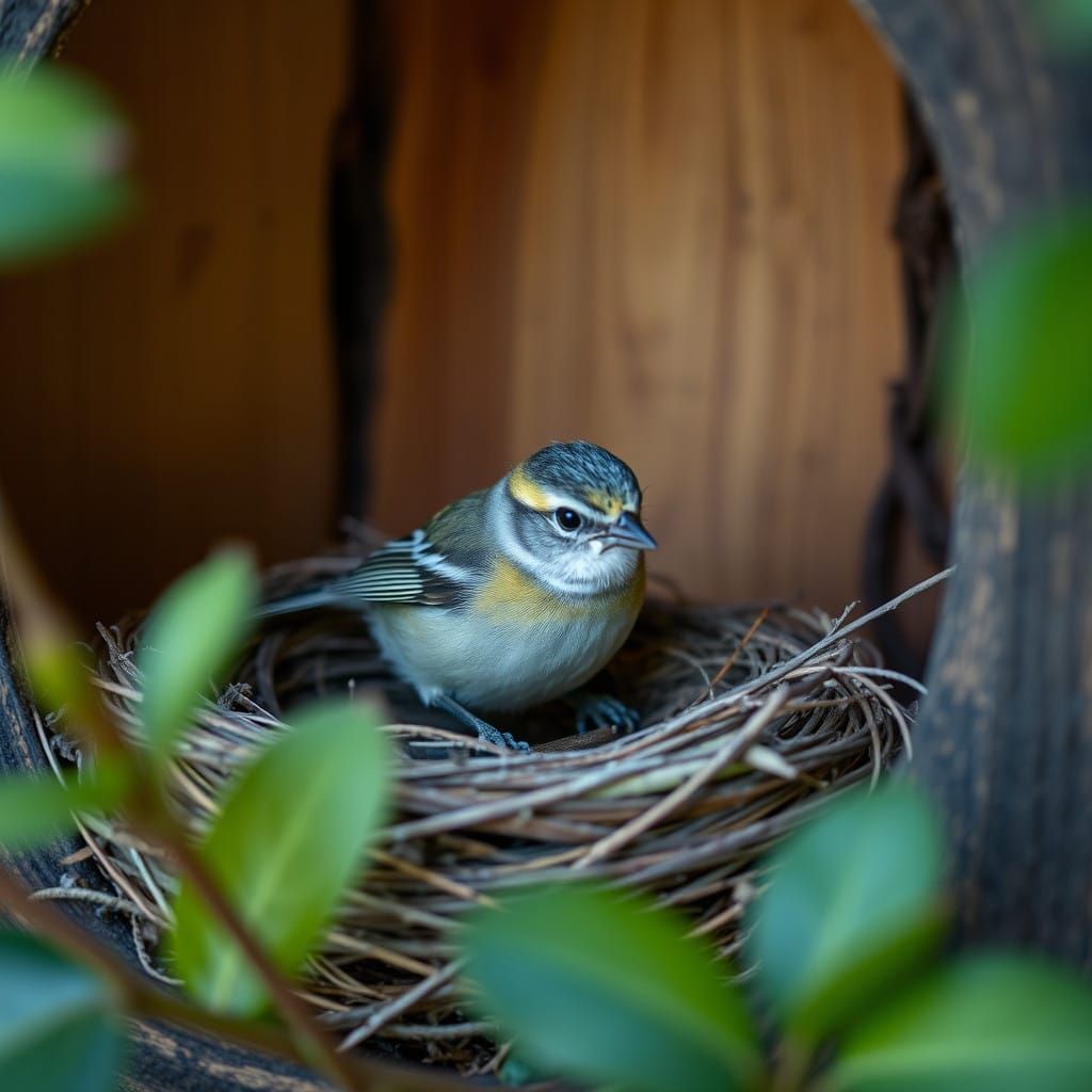 A Delicate Blue Bird's Cozy Home Near the Hearth