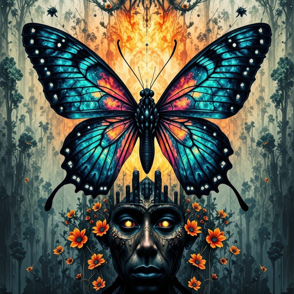 Psychedelic Trash Polka Butterfly in Dark Abstract Reality