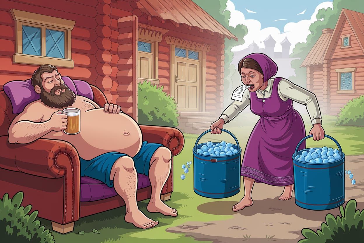 Soviet Satire: A Humorous Village Scene in Cartoon Style