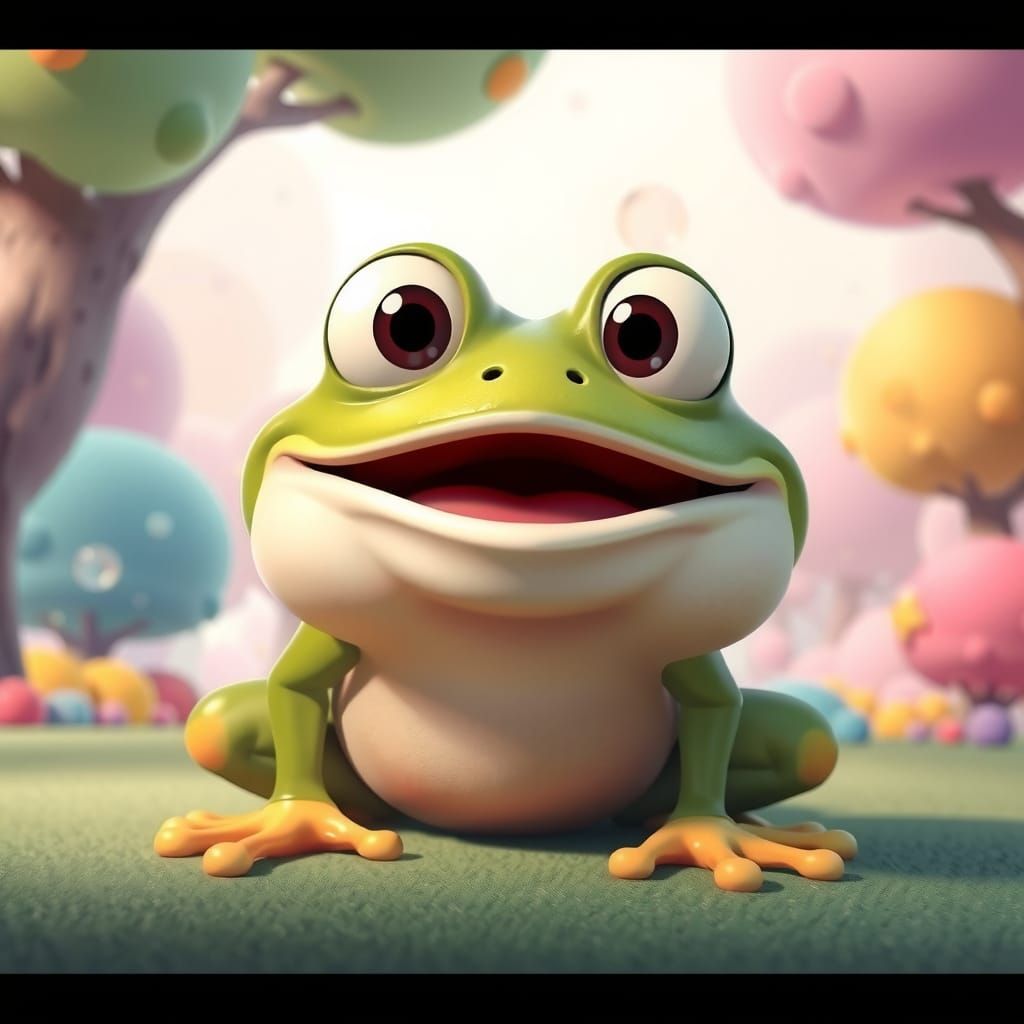 Surprised Cartoon Frog in Fantasy Landscape