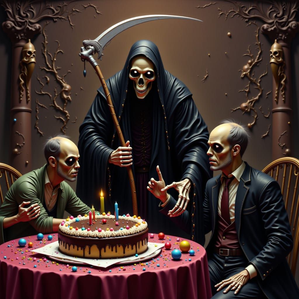 Grim Reaper Offers Cake or Death in Surreal Style