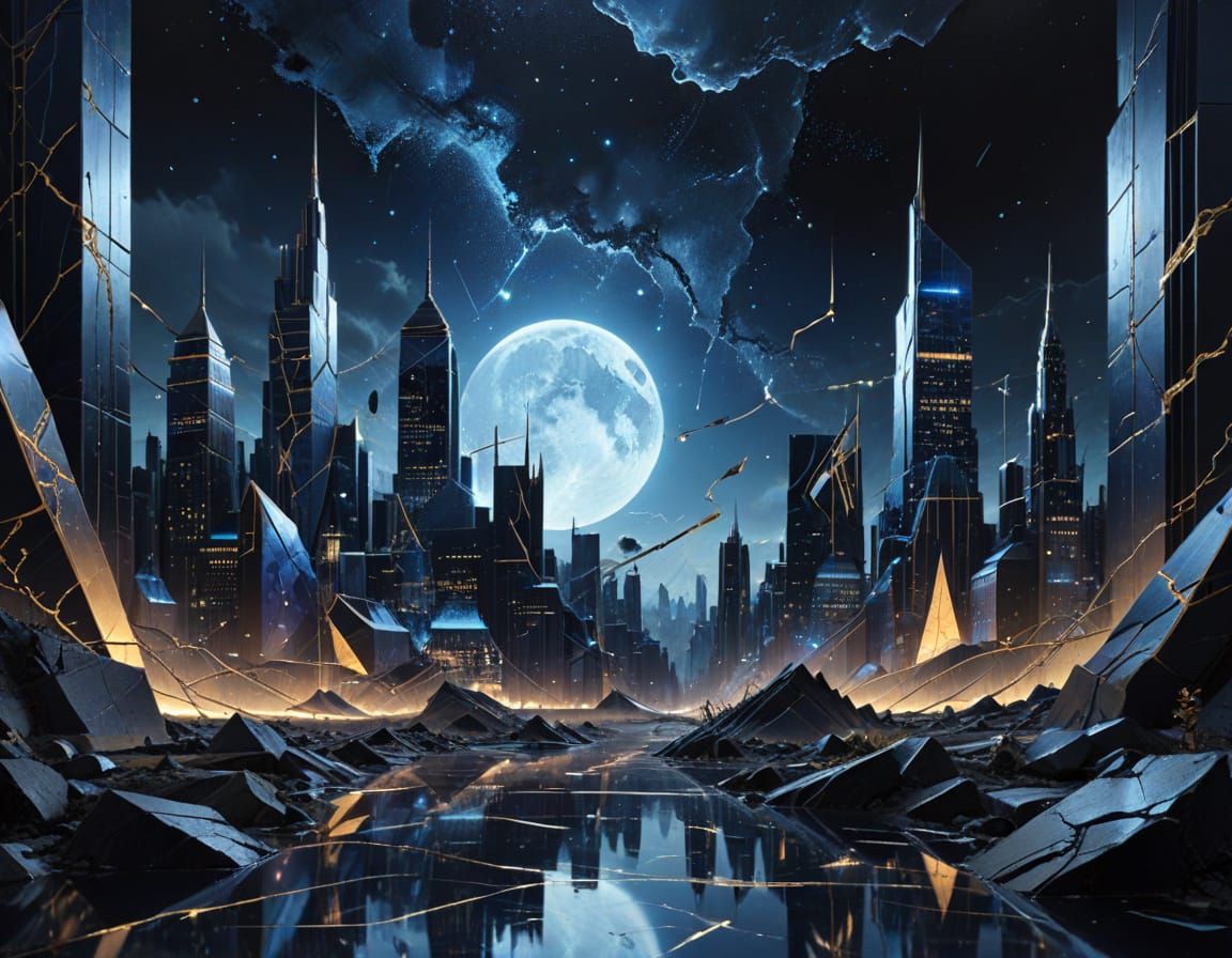 Futuristic Kintsugi Cityscape in Synthwave Teslapunk Style