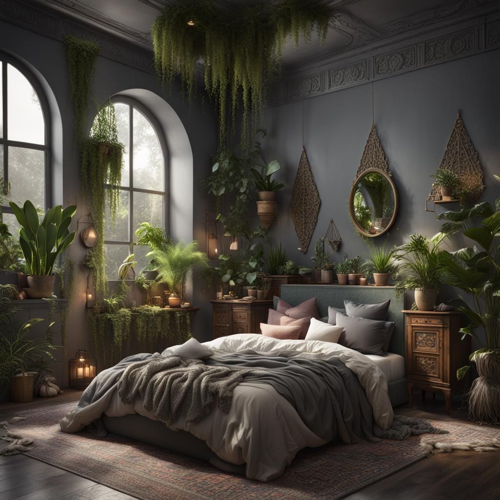 Boho Bedroom with Gray Walls and Lush Plants