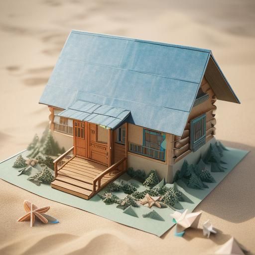 Origami Wood Cabin on a Paper Beach