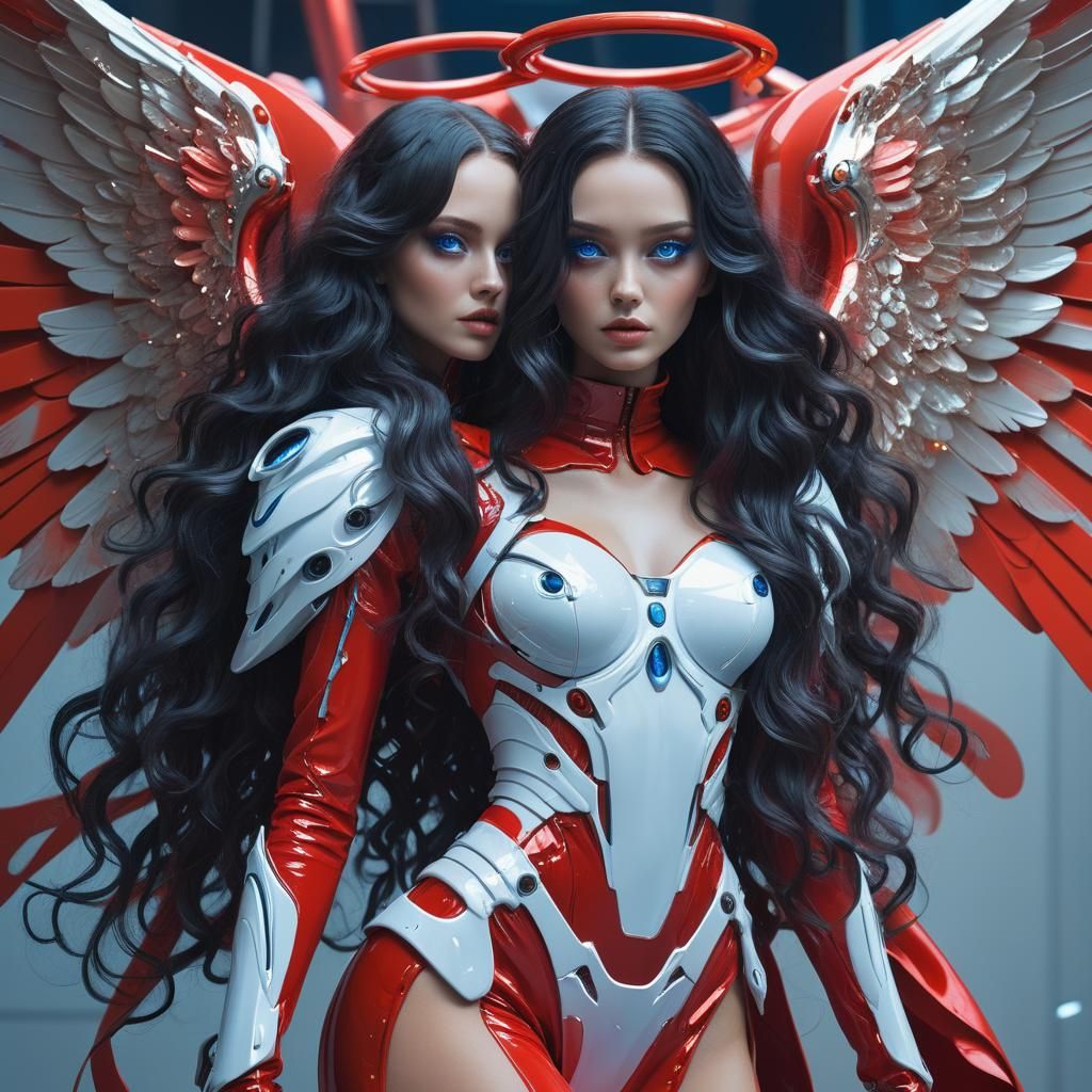 Futuristic Fashion: Girl in Red with Angel Wings