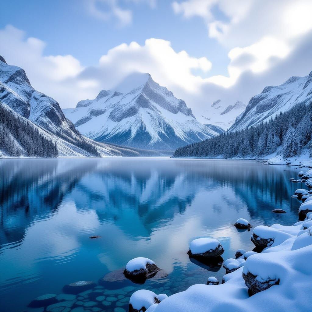 Snowy Mountains With Frozen Foggy Lake Landscape