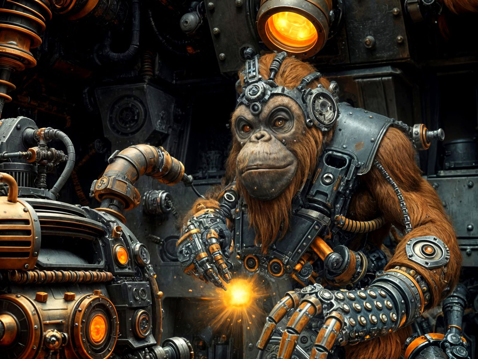 Happy Cybernetic Orangutan Repairs Gothic Spaceship Engine