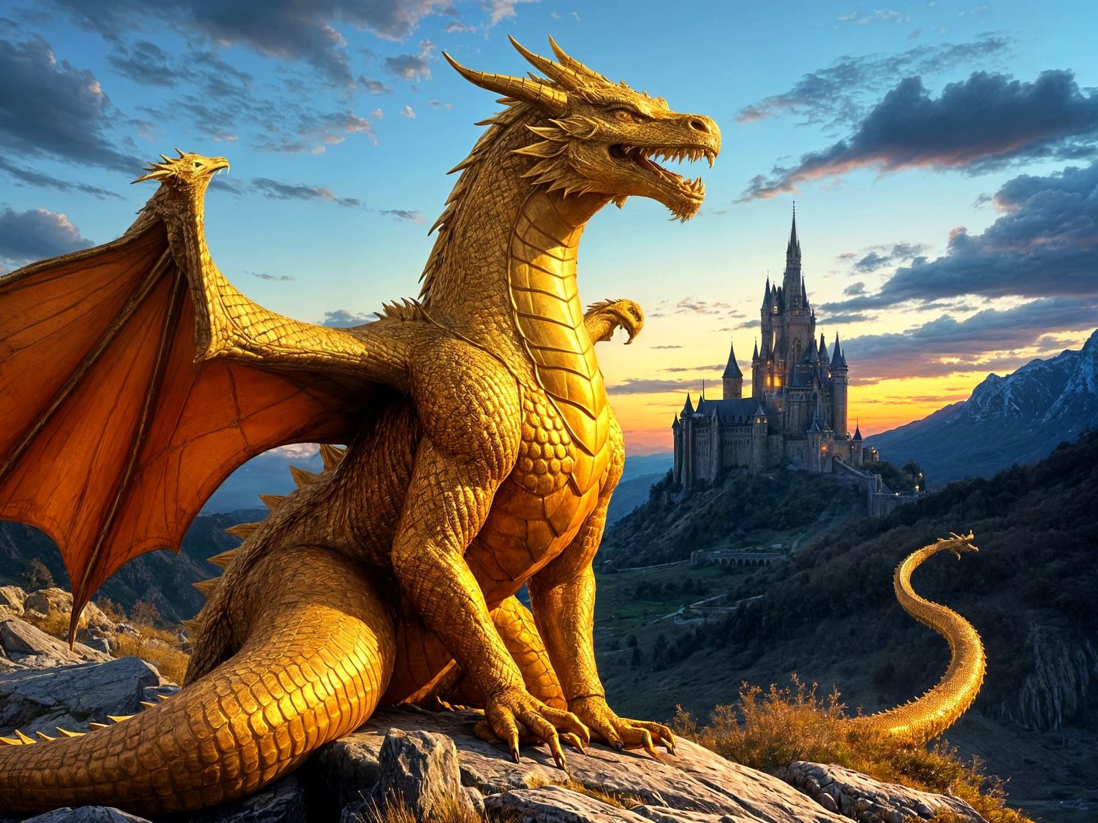 Majestic Gold Dragon Guardian Over Peaceful Realm