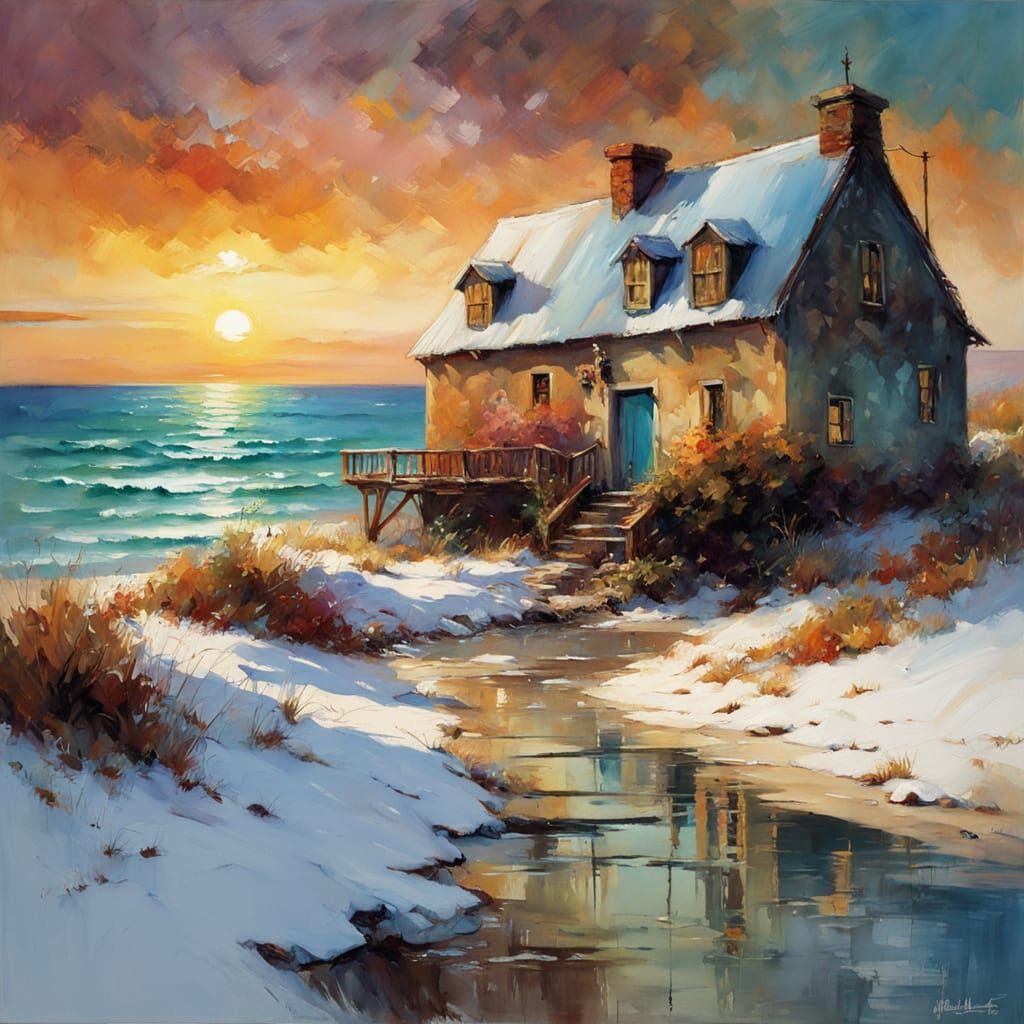11th Century Cottage on Snowy Beach at Sunrise