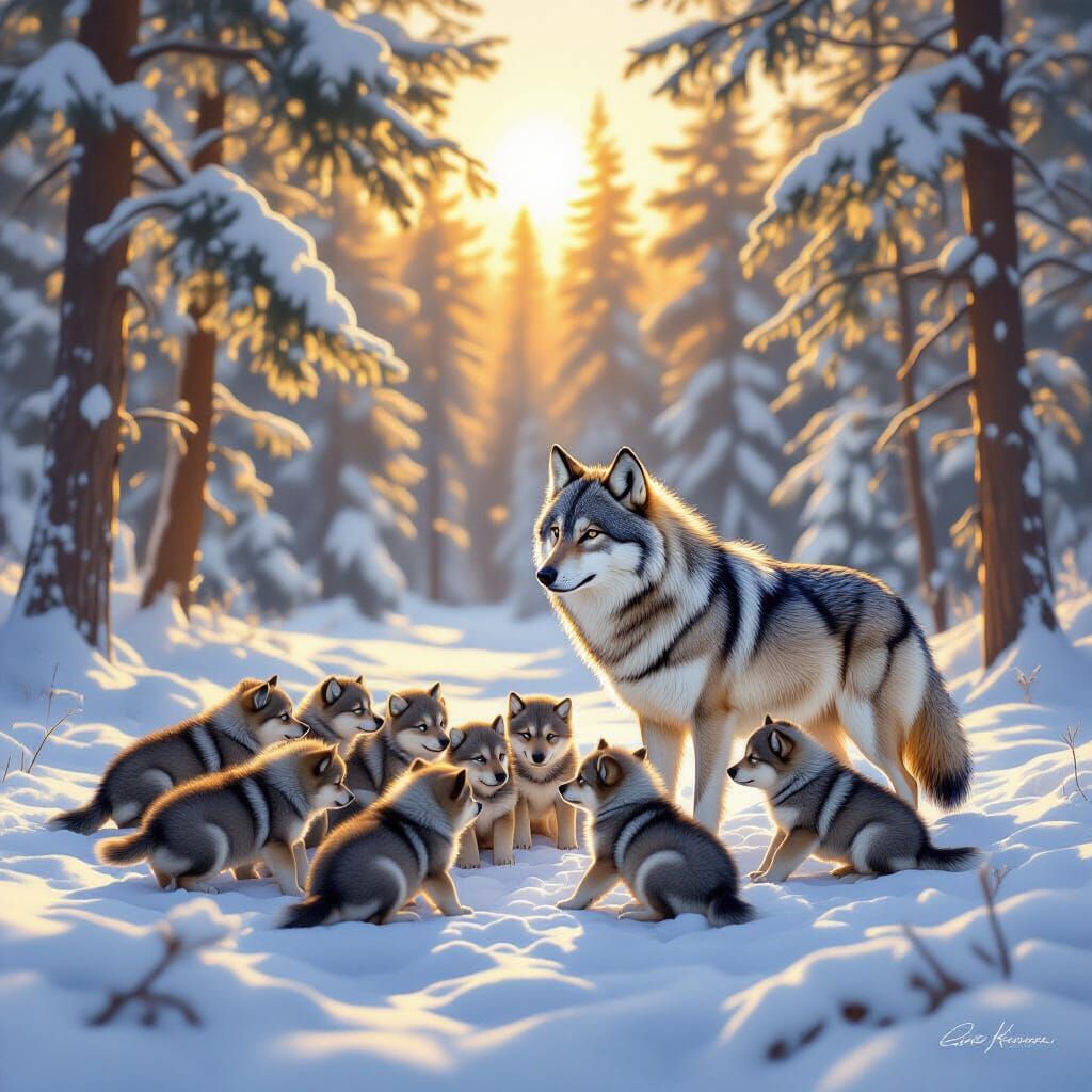 Majestic Wolf with Twelve Puppies in Snowy Forest Clearing