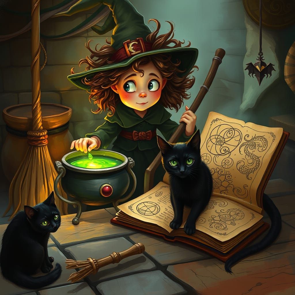 Enchanted Witchcraft Scene in Whimsical Folklore Style