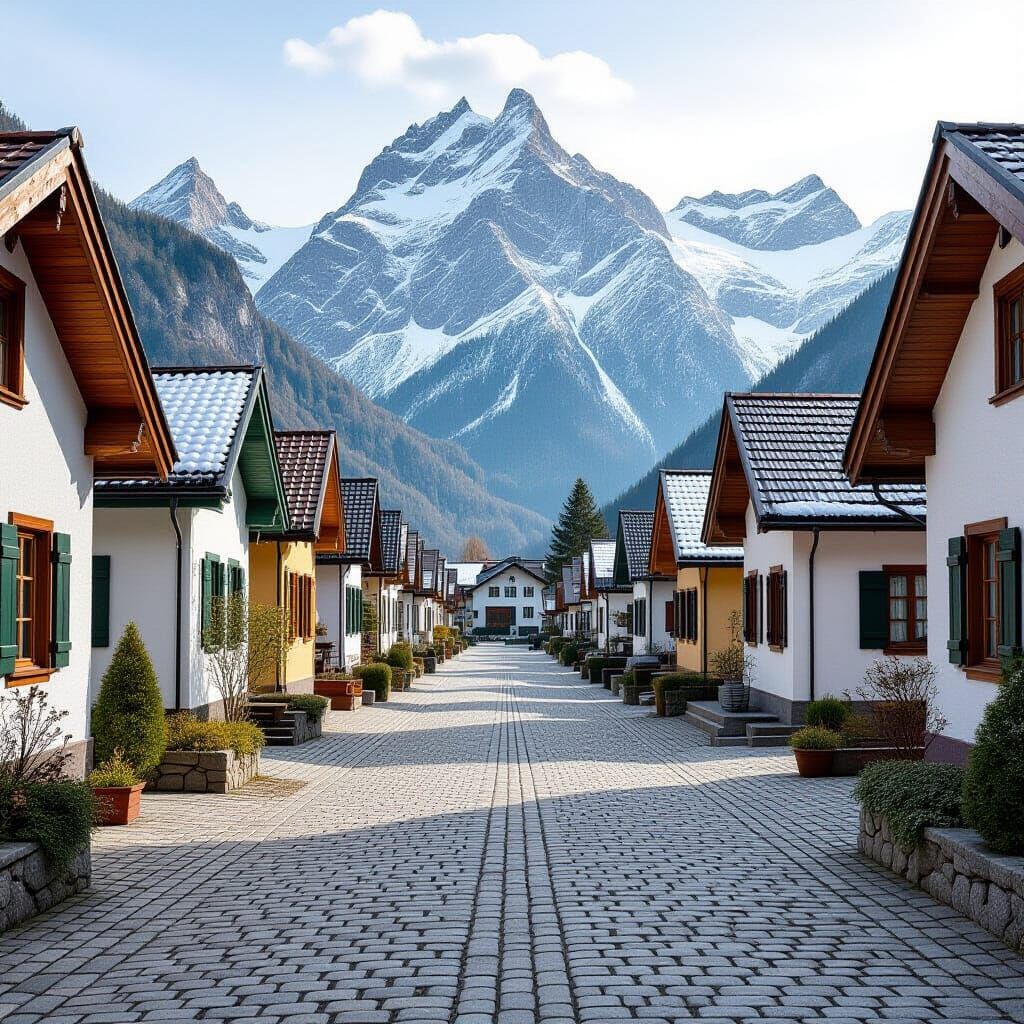 Tidy Village Street with Cobblestones and Snowy Mountain