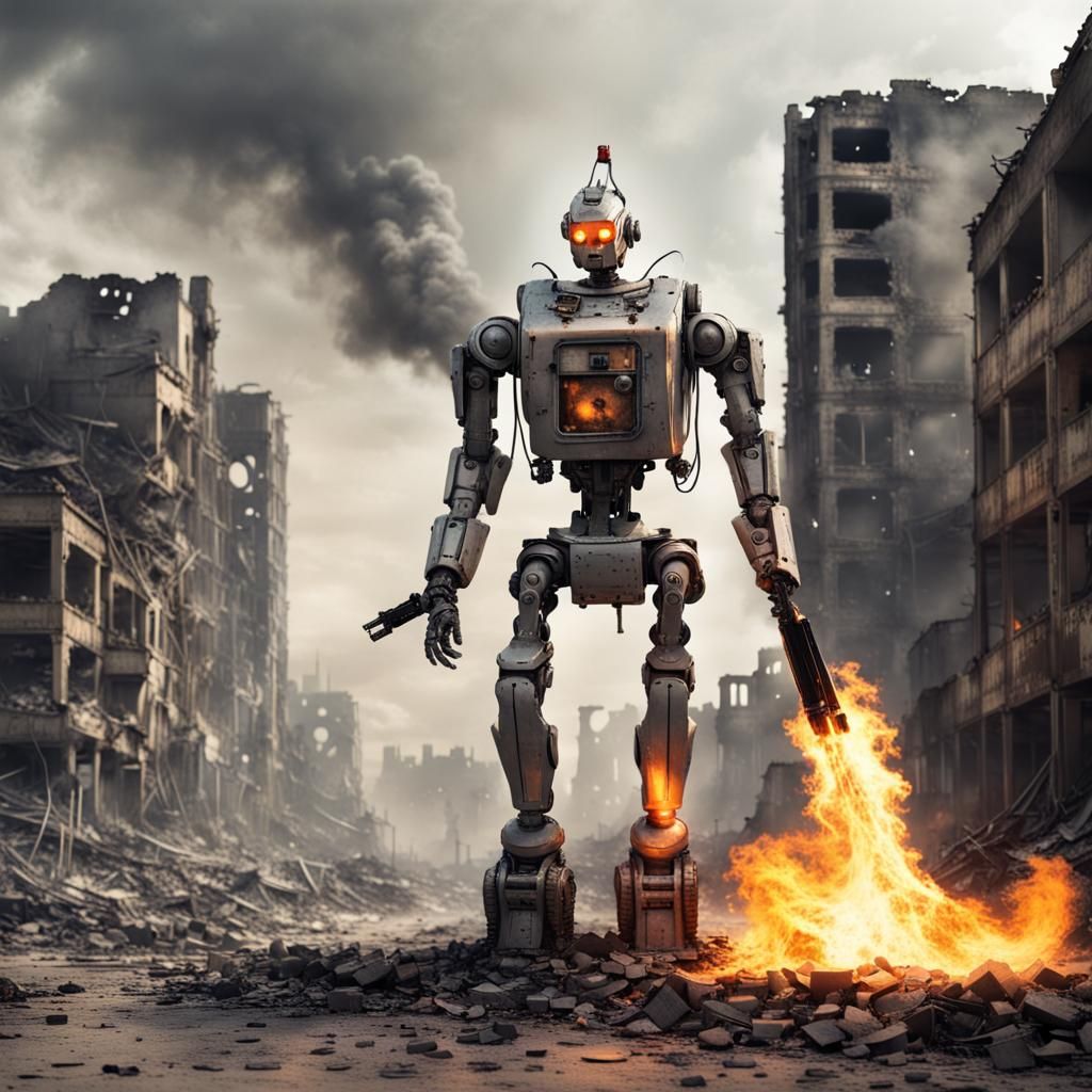 Dystopian Robot Warrior with Flamethrower