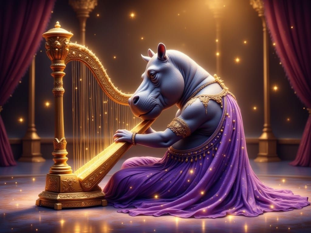 Cute Hippo Harpist at the Opera in Painterly Style