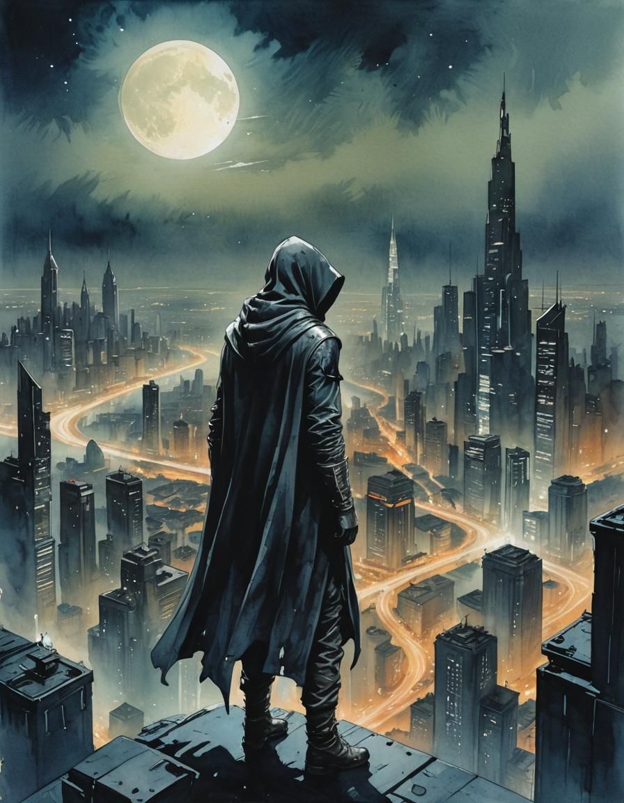 Hooded Hero in Futuristic Cityscape Watercolor