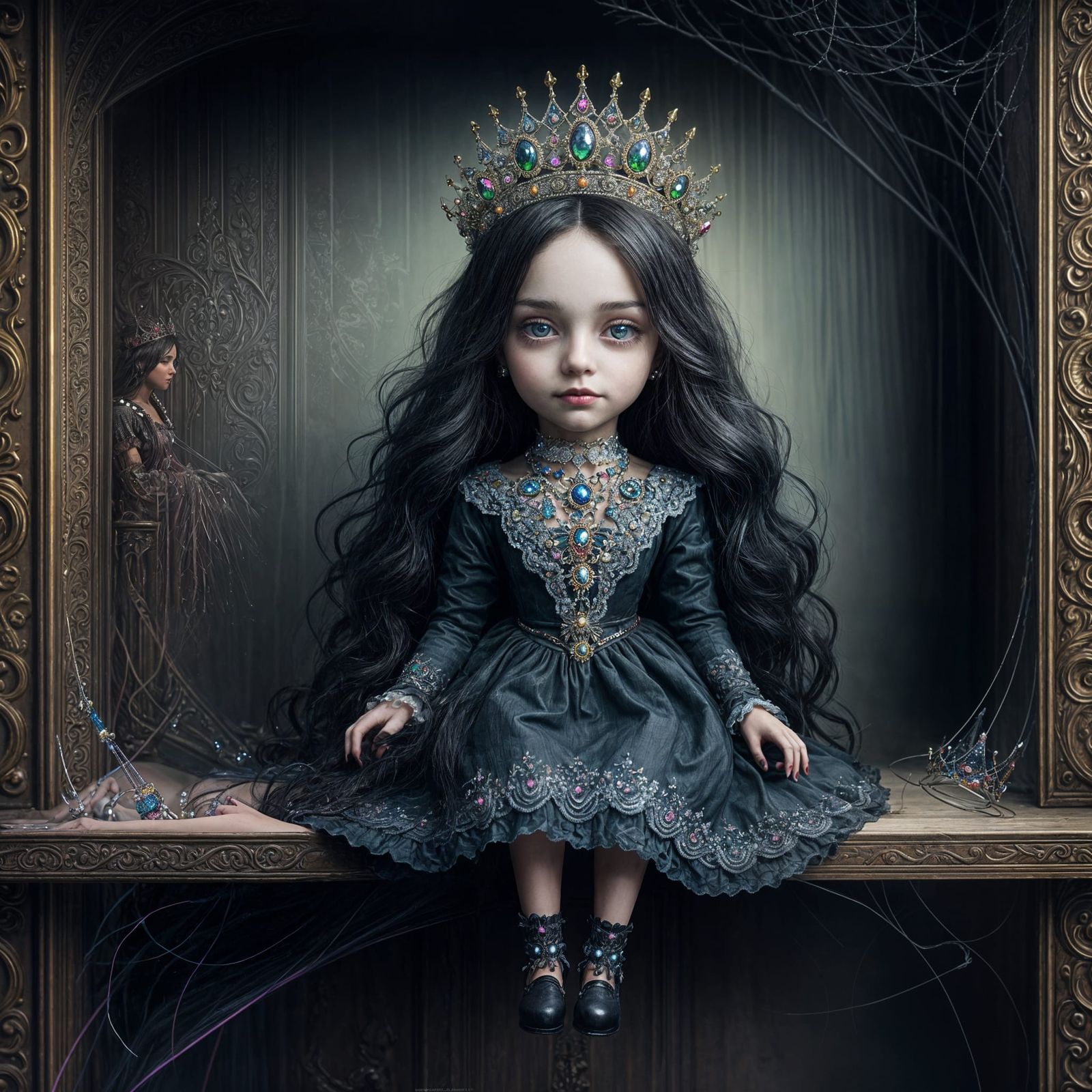 Dark Haired Doll with Rainbow Crown, Fantasy Art