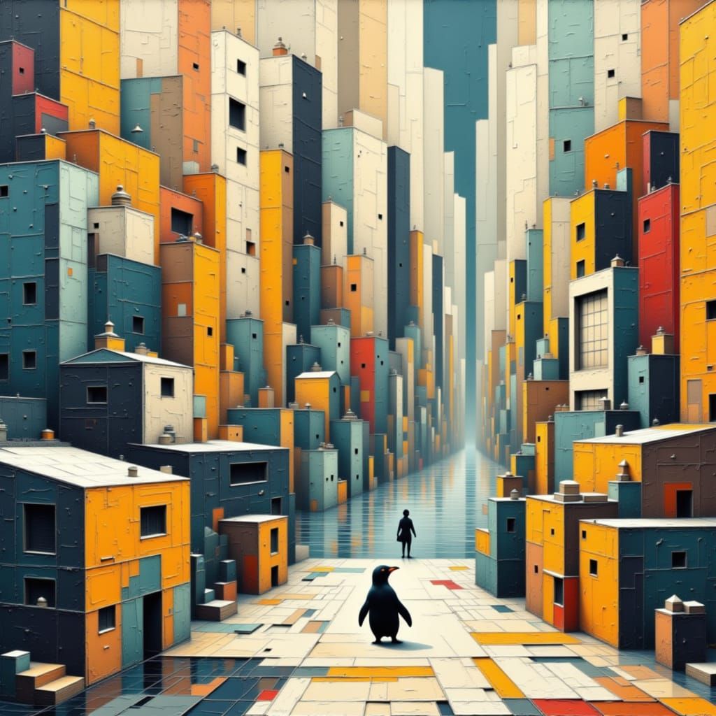 Abstract Cityscape with Penguin in Mixed Dimensions
