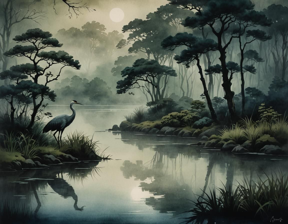 Crane in Misty Lotus Pond, Dark Ukiyo-e Watercolor