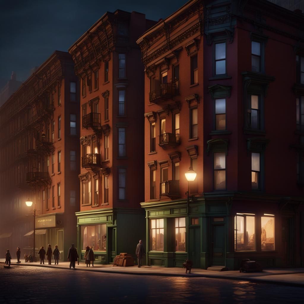 Tenement Houses at Night in Edward Hopper Style