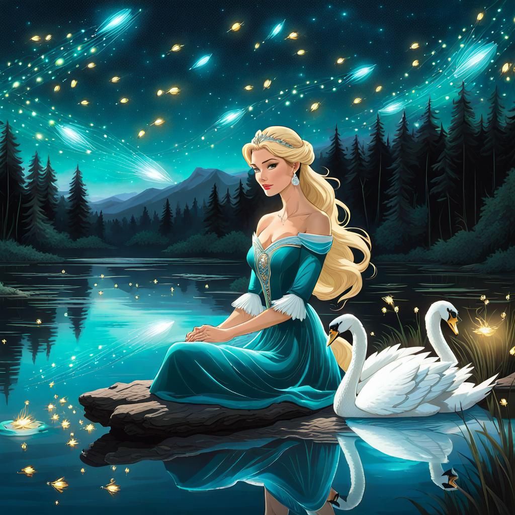 Swan Princess Surrounded by Fireflies in Hyperrealism