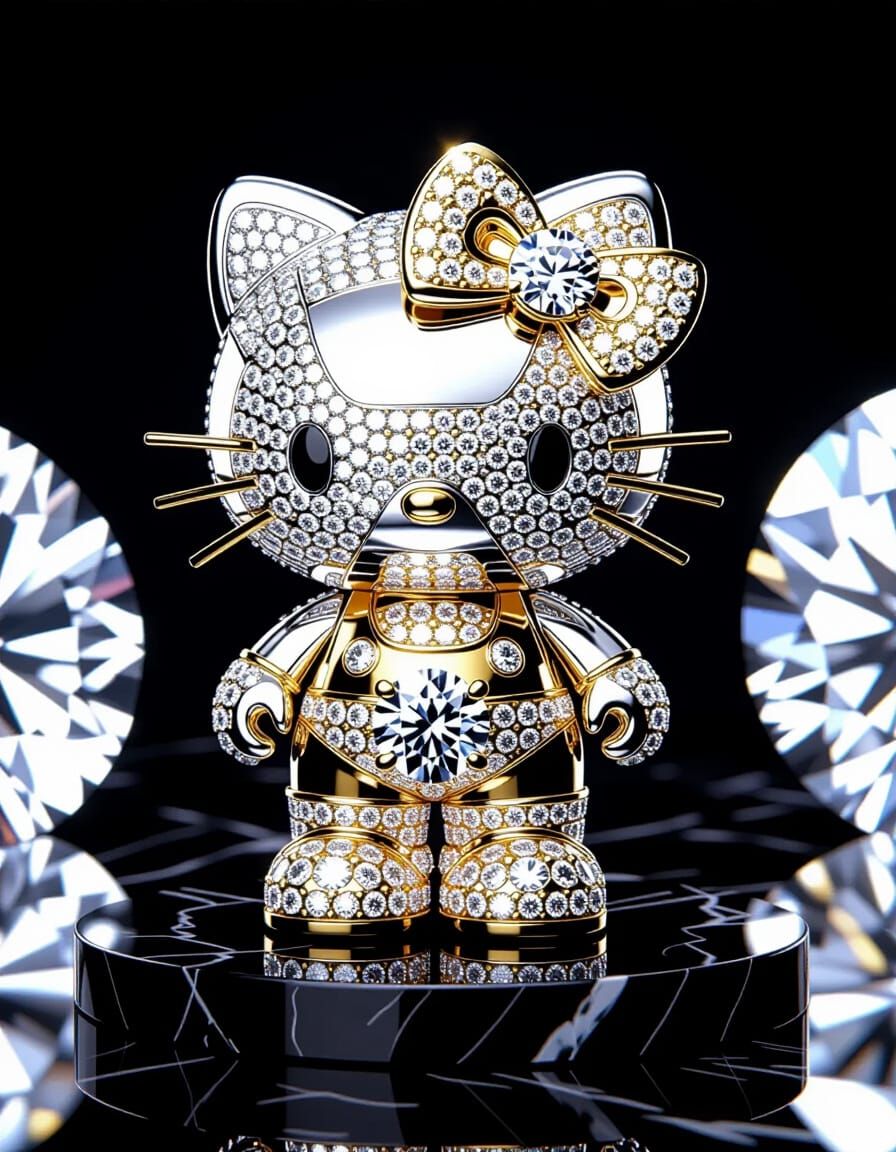 Luxurious Platinum Hello Kitty Sculpture with Diamonds