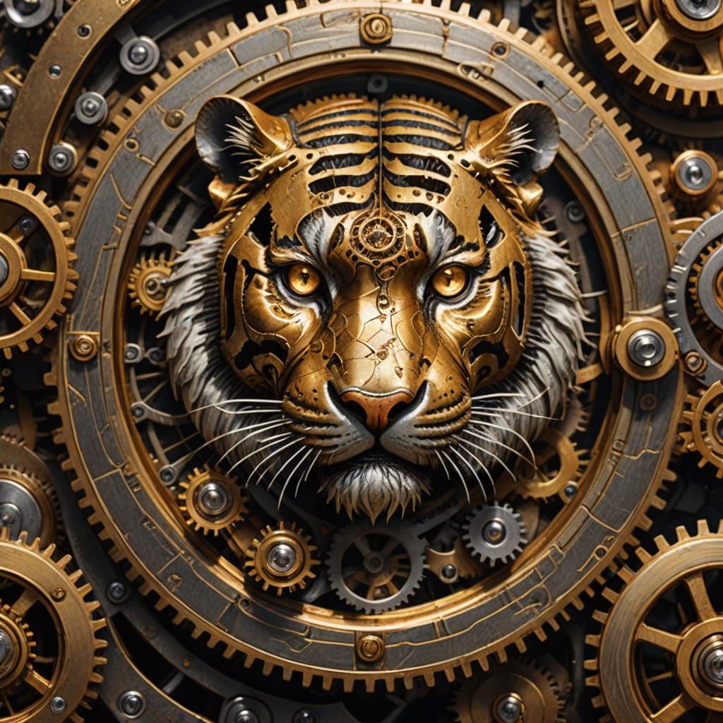 Steampunk Tiger with Clockwork Gears in Golden Light