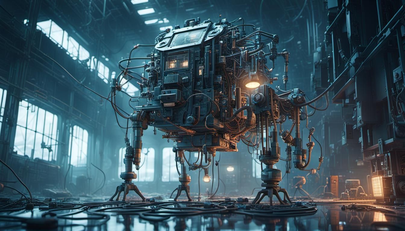 Biomechanical Construct in Abandoned Lab, Digital Art