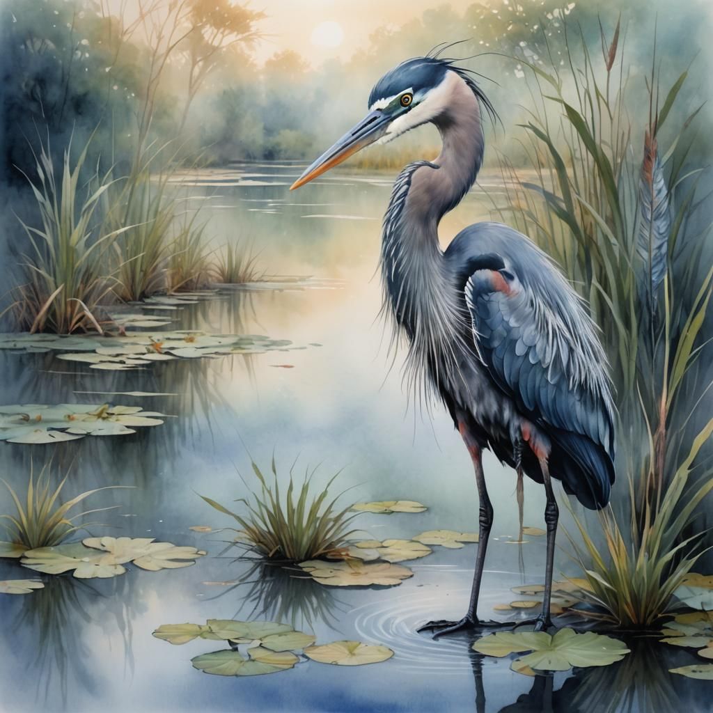 Misty pastel watercolor. Feminine baby giant blue heron with wild shadowed feathers in a pond large dark eyes and lashes...