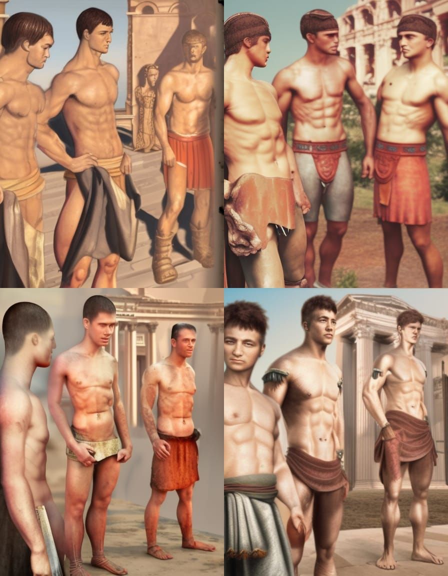 Muscular Ancient Roman Warriors Standing Before Ruins