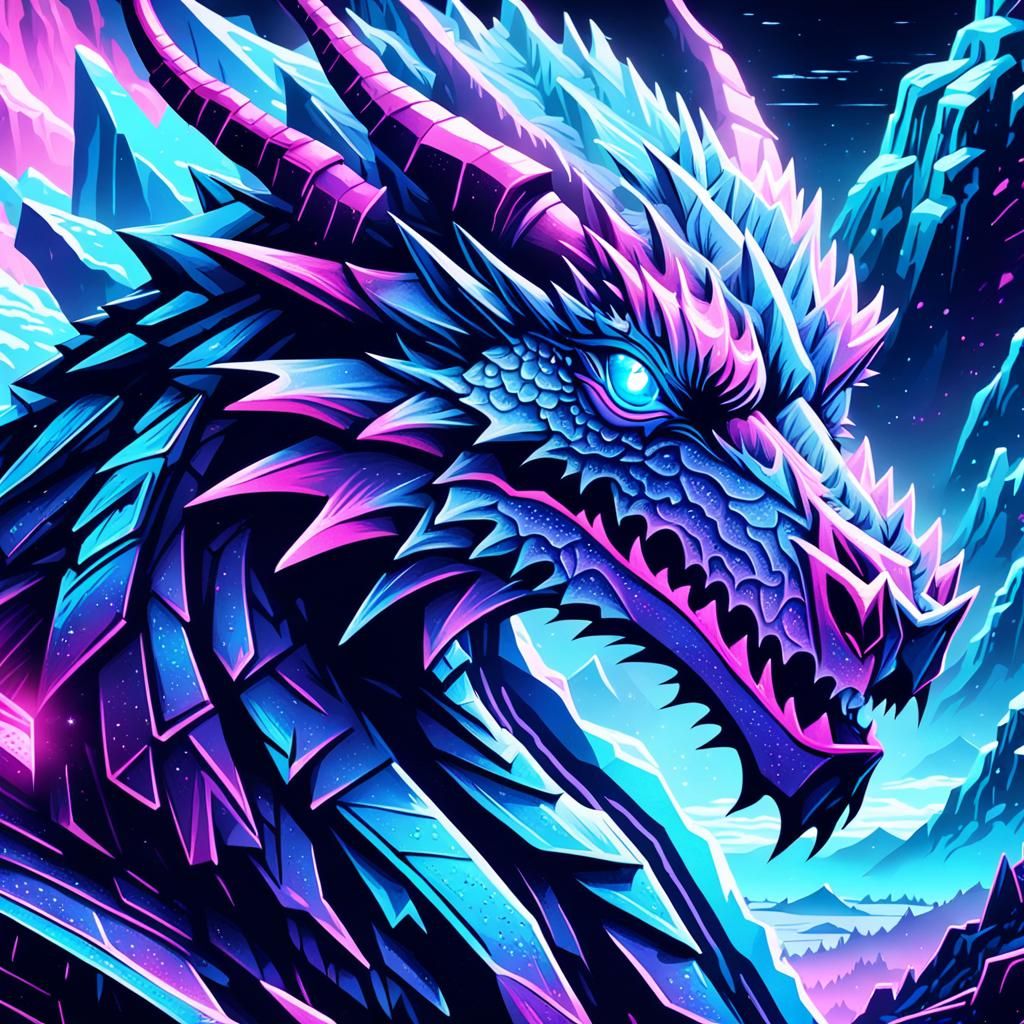 Neon Ice Dragon Portrait in Synthwave Style