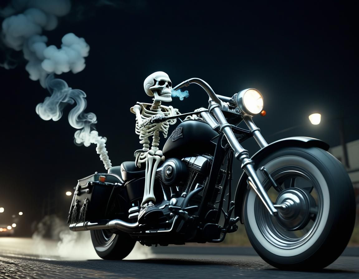 Skeleton Biker on Harley Davidson at Night