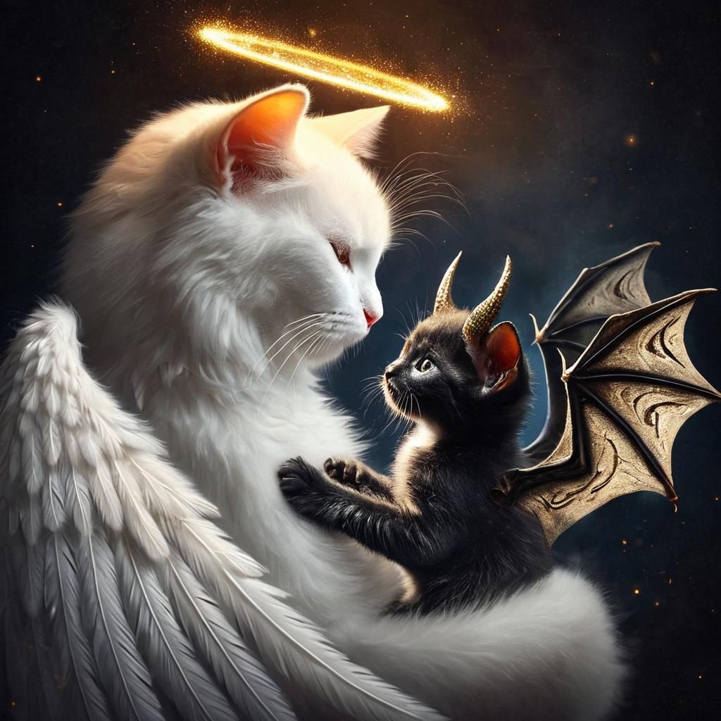 Angelic Cat Portrait with Demonic Kitten