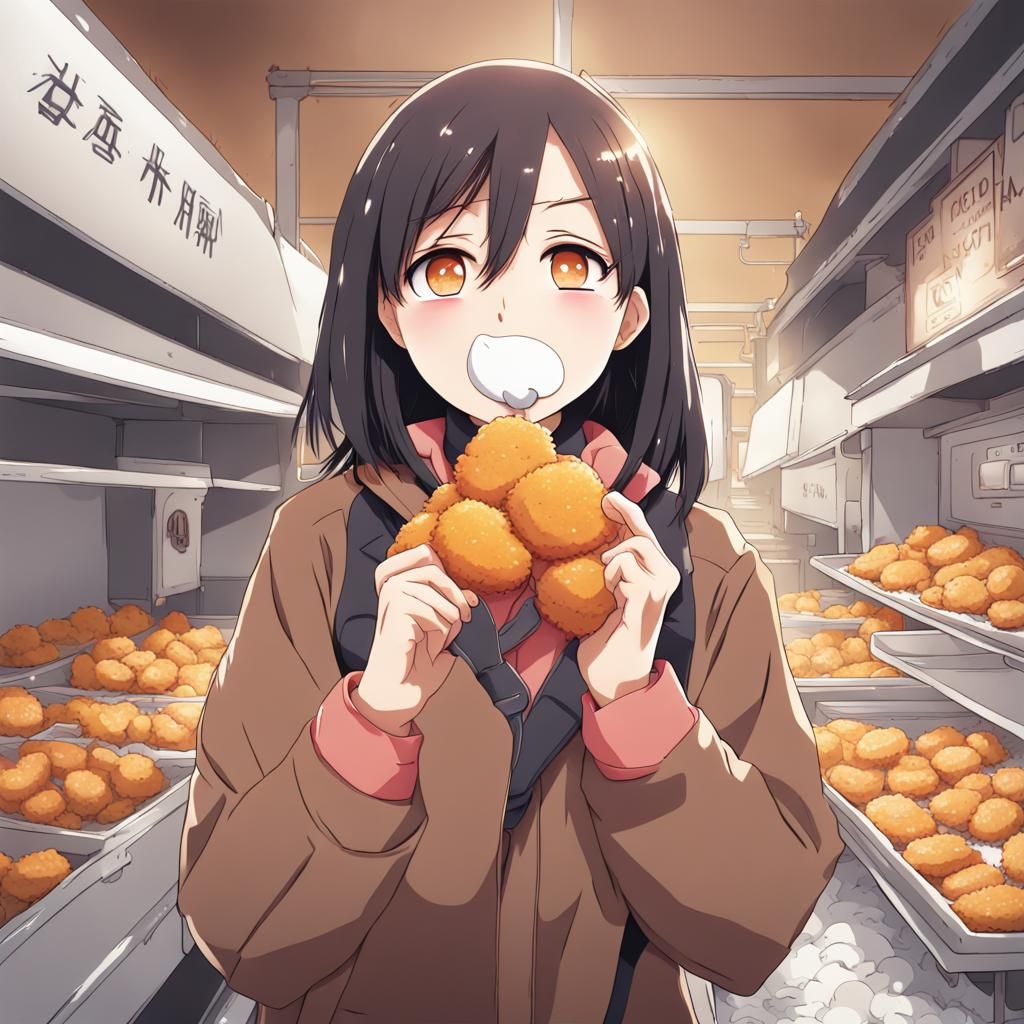 Woman Eating a Chicken Nugget in Anime Style