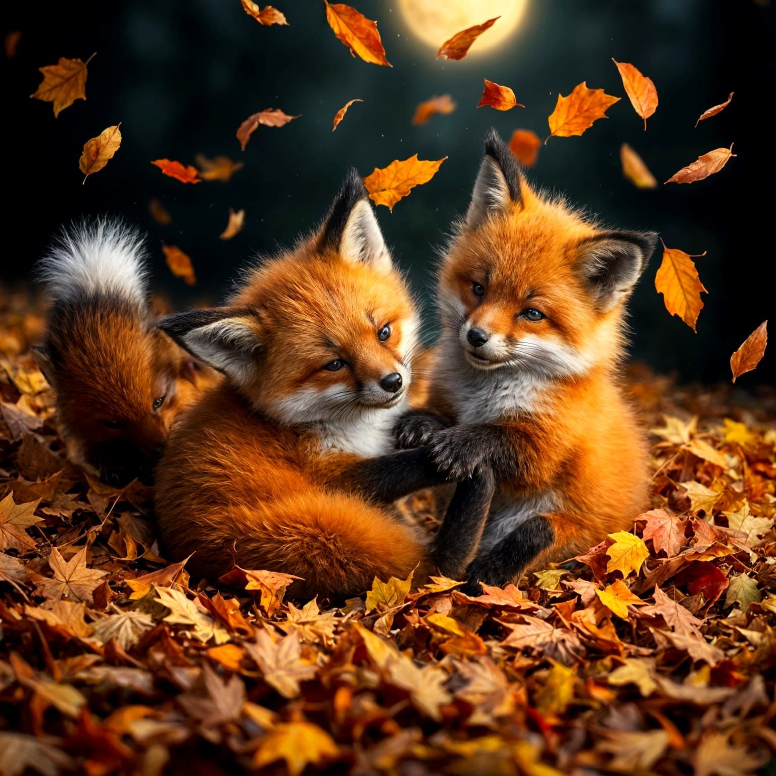 Fox Cubs Play in Autumn Leaves at Night