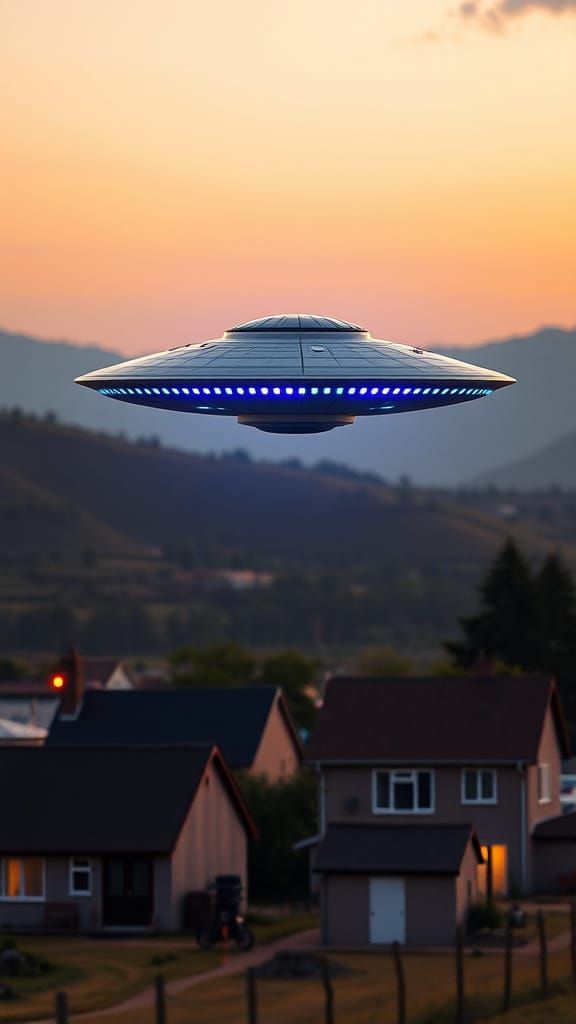 Sleek UFO Hovers Above Quaint Rural Town at Golden Hour