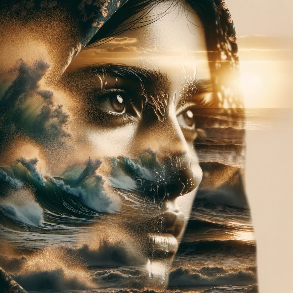 Double Exposure Portrait: Woman and Ocean Waves