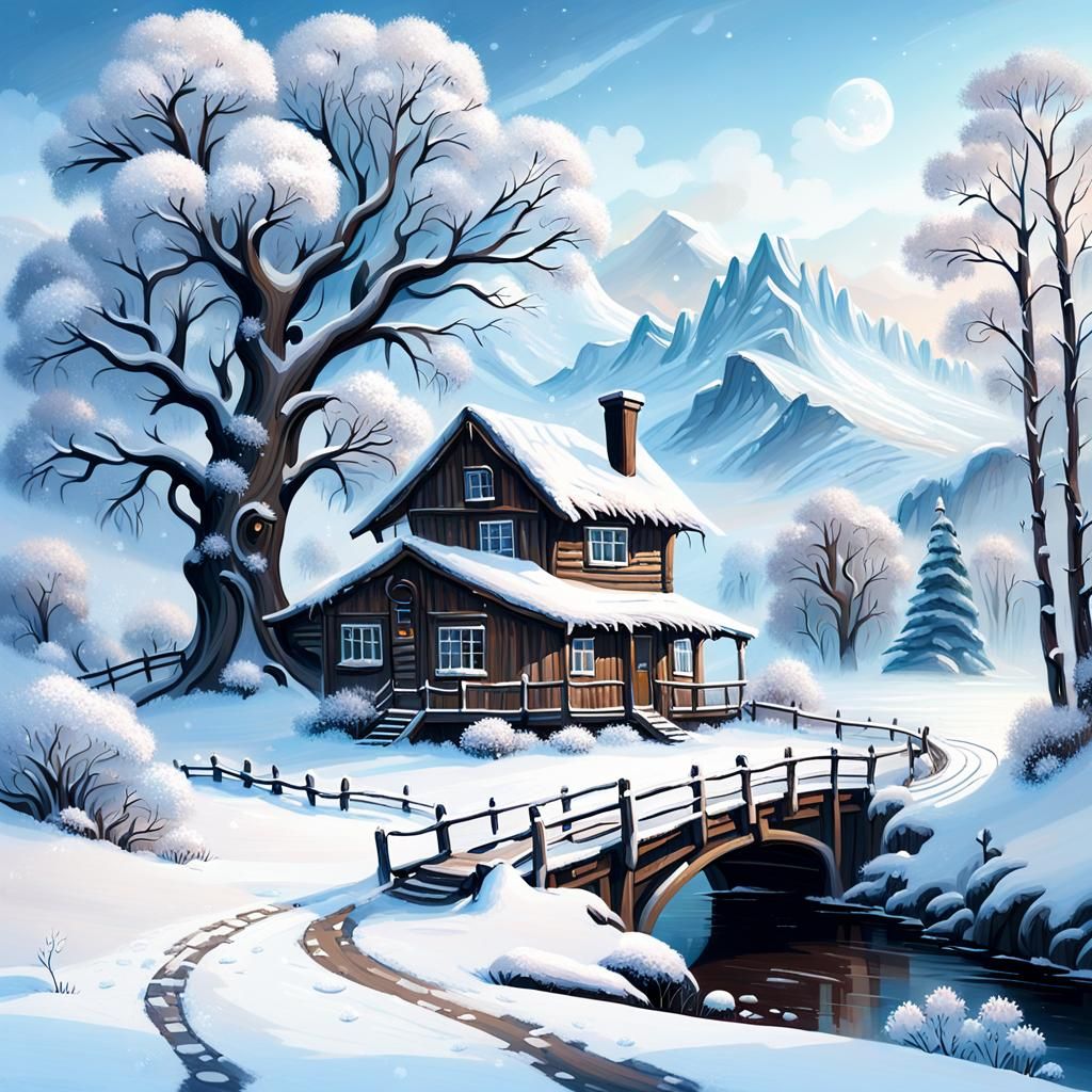 Mystical Winter Landscape with Snow-Covered House