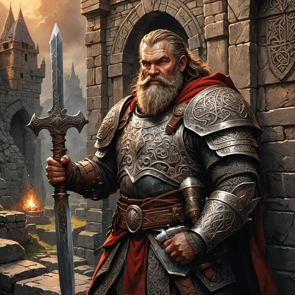 Dwarven Warrior with Claymore in Medieval Illustration