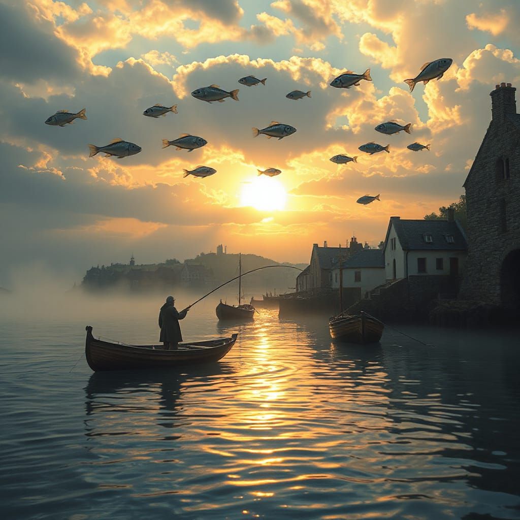 Fantasy Fishing Village Merges With Sky-Realm at Sunrise