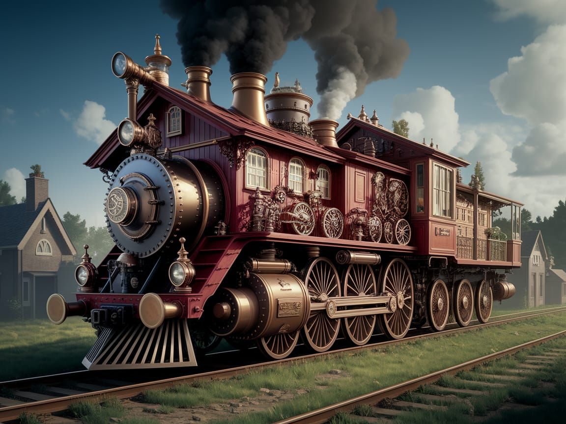 Steampunk Train House Village Scene in Vivid Colors