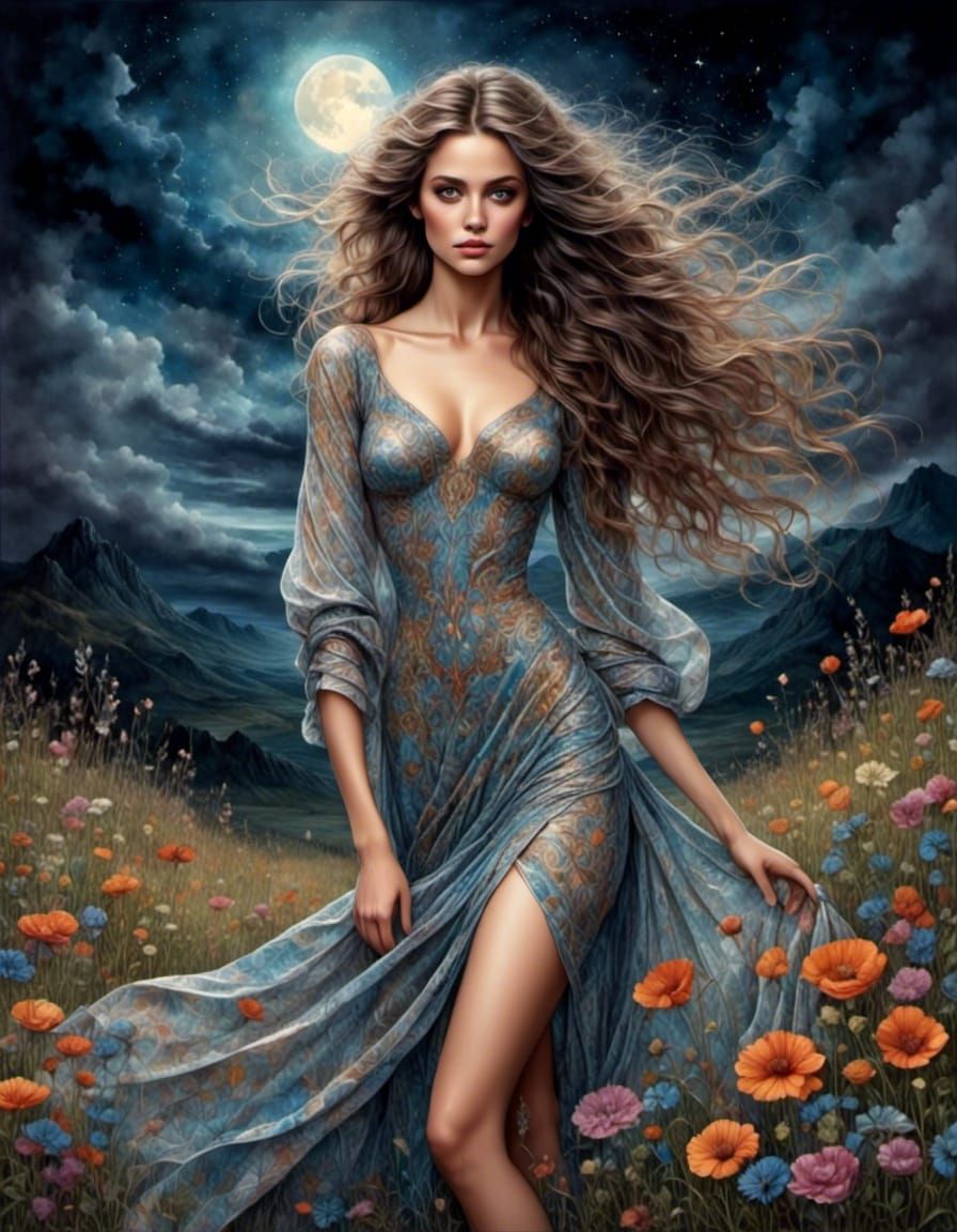 Alluring Woman in Jeweled Meadow Under Night Sky