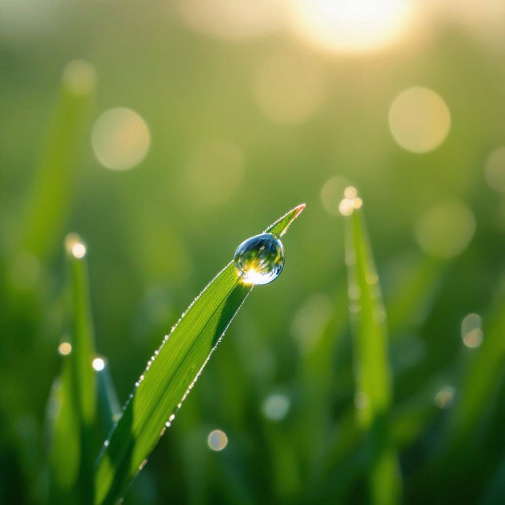 Dewdrop on Grass Blade with Rainbow Refraction