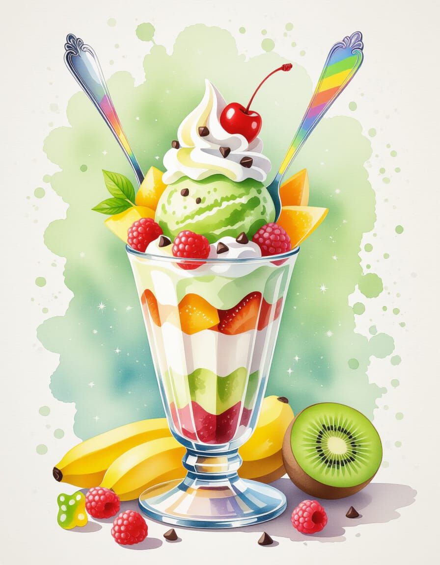 Matcha Green Tea Ice Cream Sundae in Watercolor Style