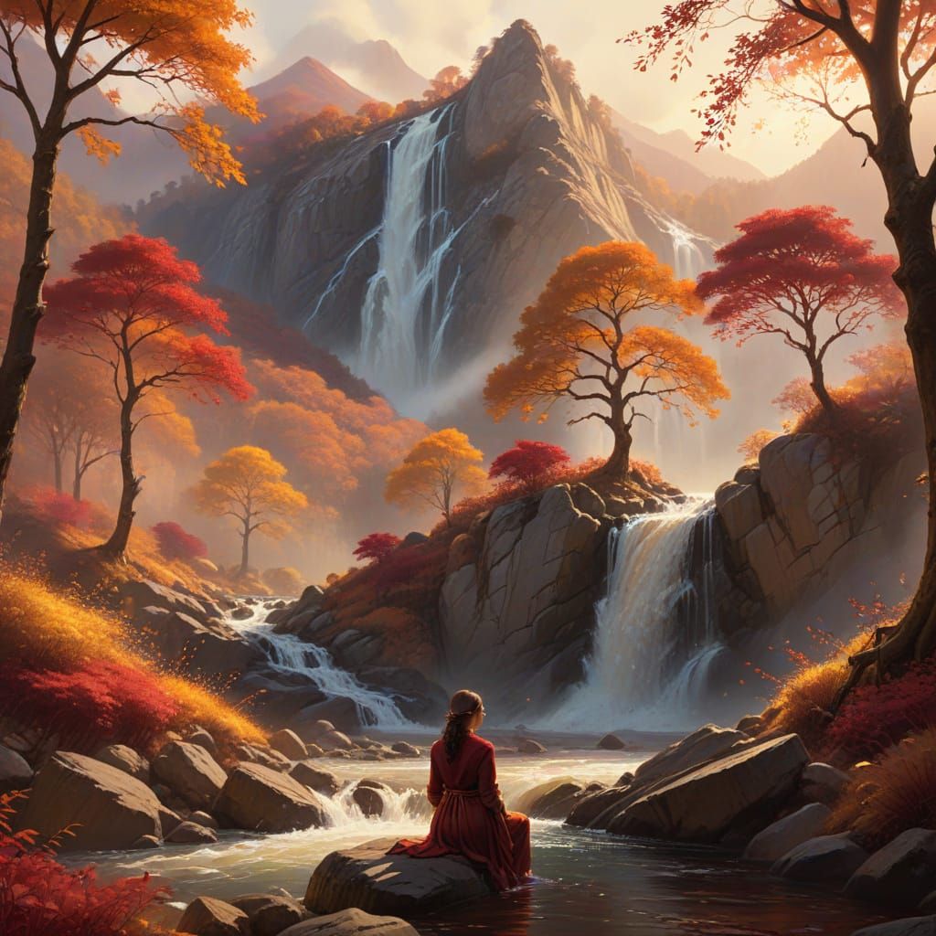 Woman Sketching by Autumn Mountain Cascade