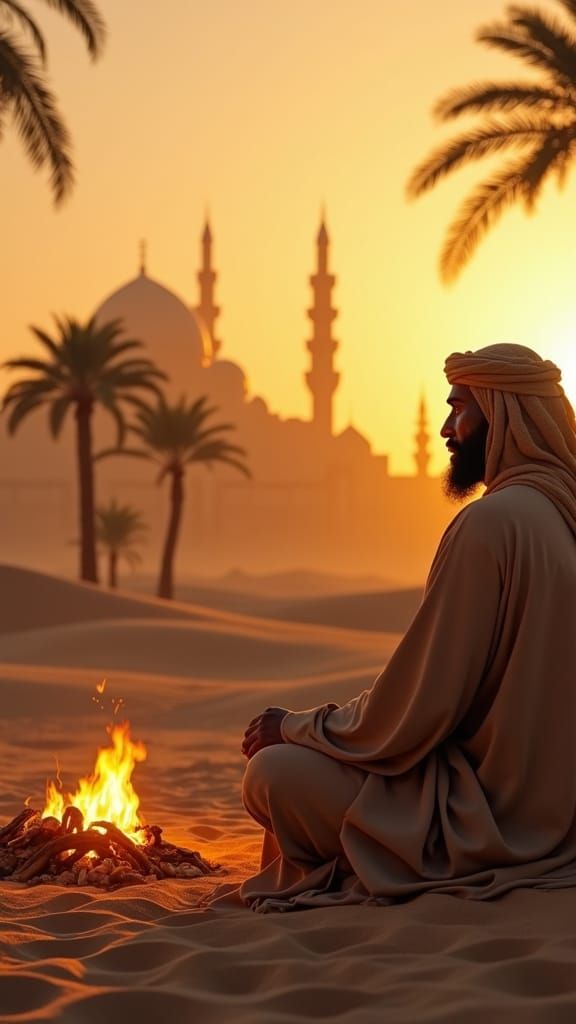 Ancient Arabia Sunrise Scene in Golden Light with Majestic M...