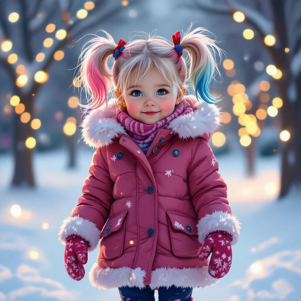 Adorable Toddler Harley Quinn in Snowy Park with Fairy Light...