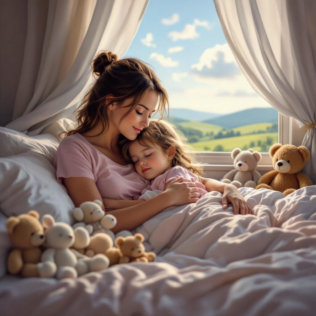 Mother Tucks In Sleeping Daughter Amidst Toys