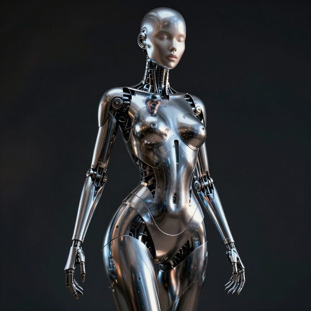 A sleek curvy female woman robot with a metal featureless face. The scene is dimly lit, focusing on the intricate detail...