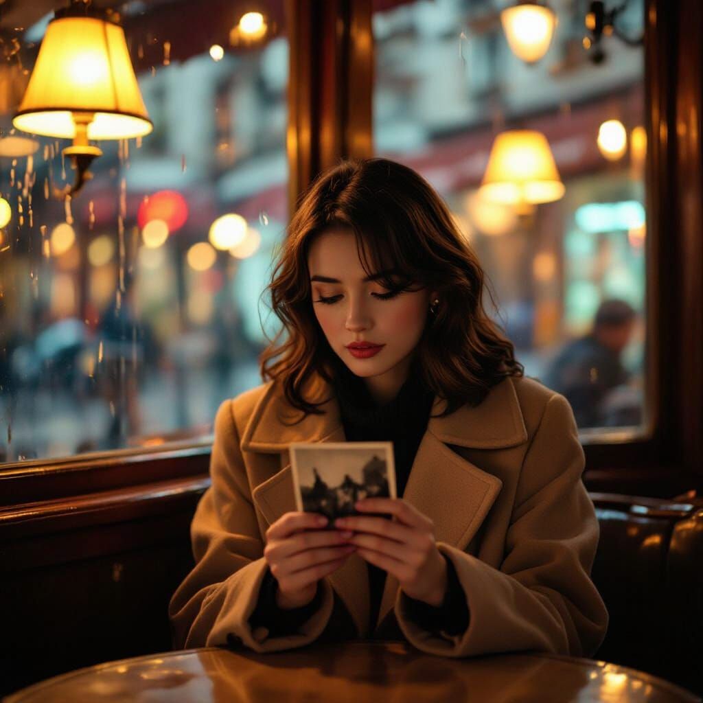 Melancholy Woman in Cafe with Photograph, Film Grain Style