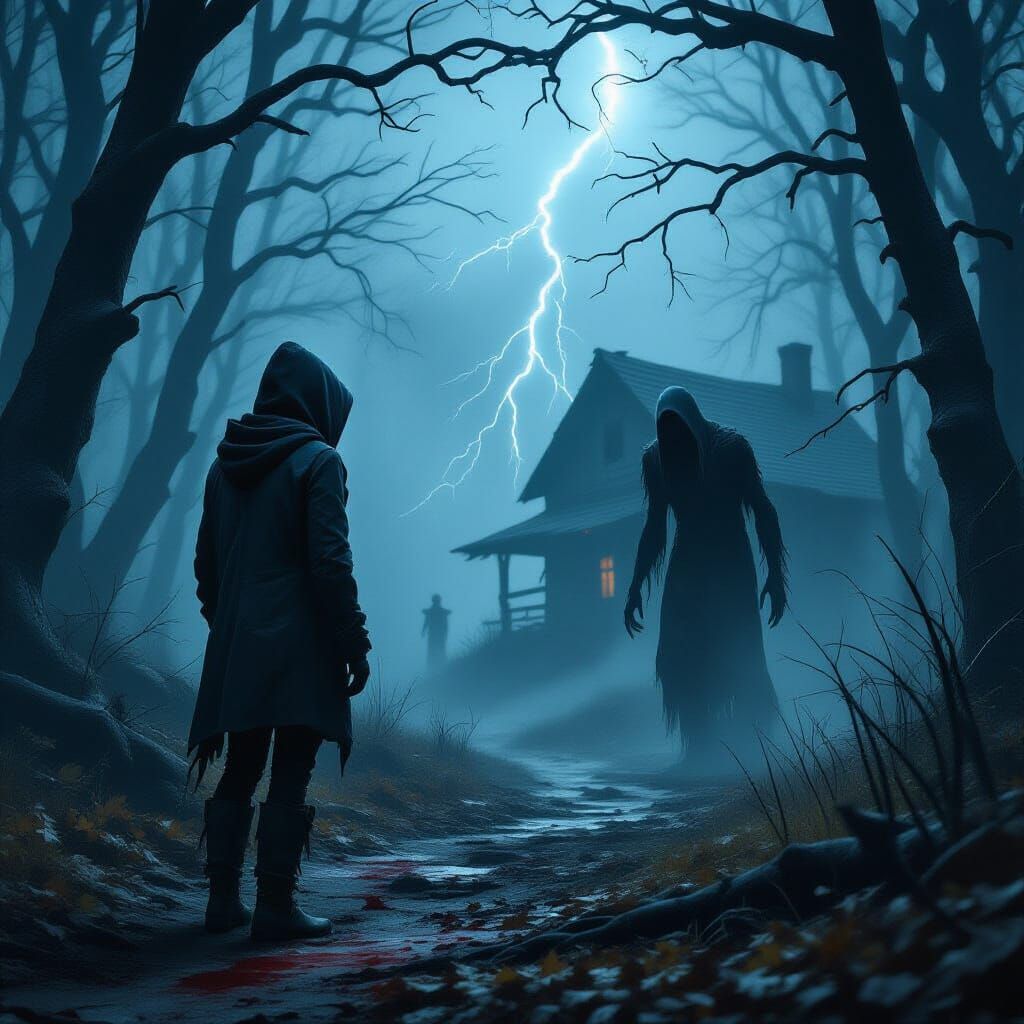 Terrified Figure in Dark Forest, Photorealistic Digital Art